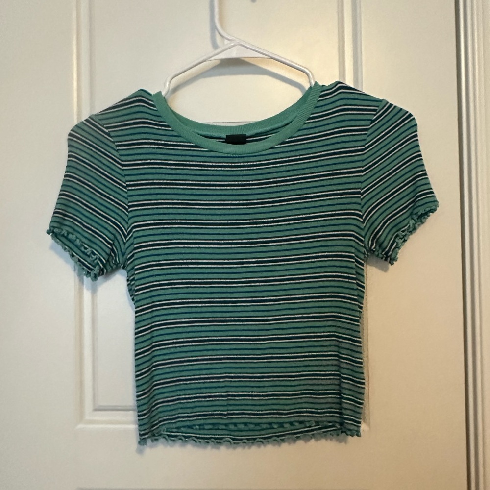 Wild Fable - S - Teal, blue, navy blue, and white striped cropped shirt